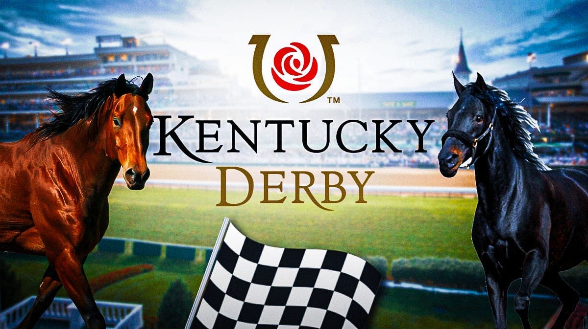 Kentucky Derby logo with Churchill Downs behind.
