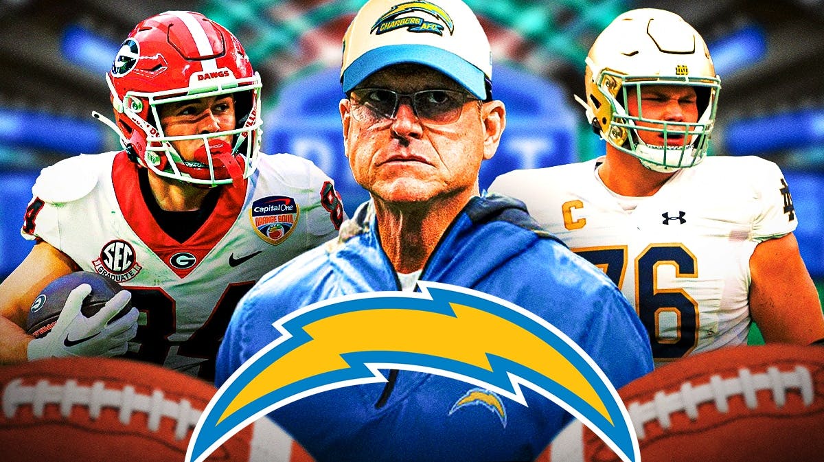 Chargers logo in the middle surrounded by Jim Harbaugh (in Chargers gear), Joe Alt and Ladd McConkey with 2024 NFL draft background.