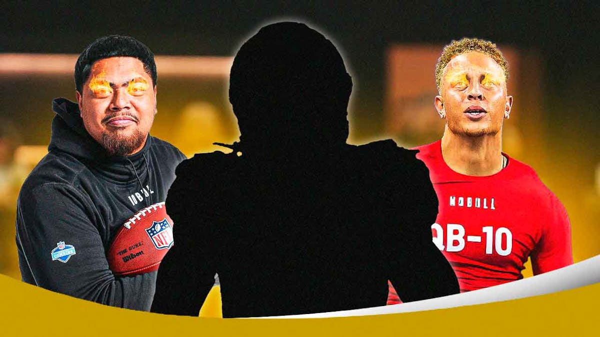 Taliese Fuaga and Spencer Rattler both with fire in their eyes. Silhouette of a player in the middle