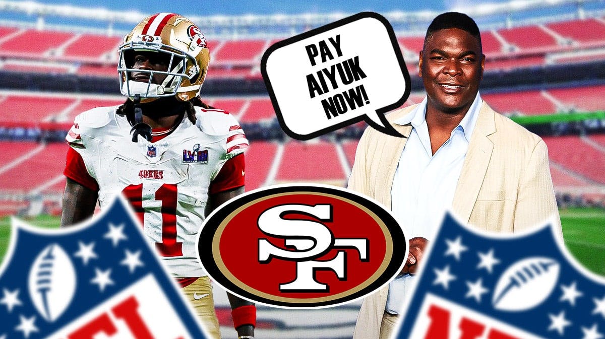 San Francisco 49ers wide receiver Brandon Aiyuk with former wide receiver Keyshawn Johnson. Johnson has a speech bubble that says “Pay Aiyuk now!” There is also a logo for the San Francisco 49ers.