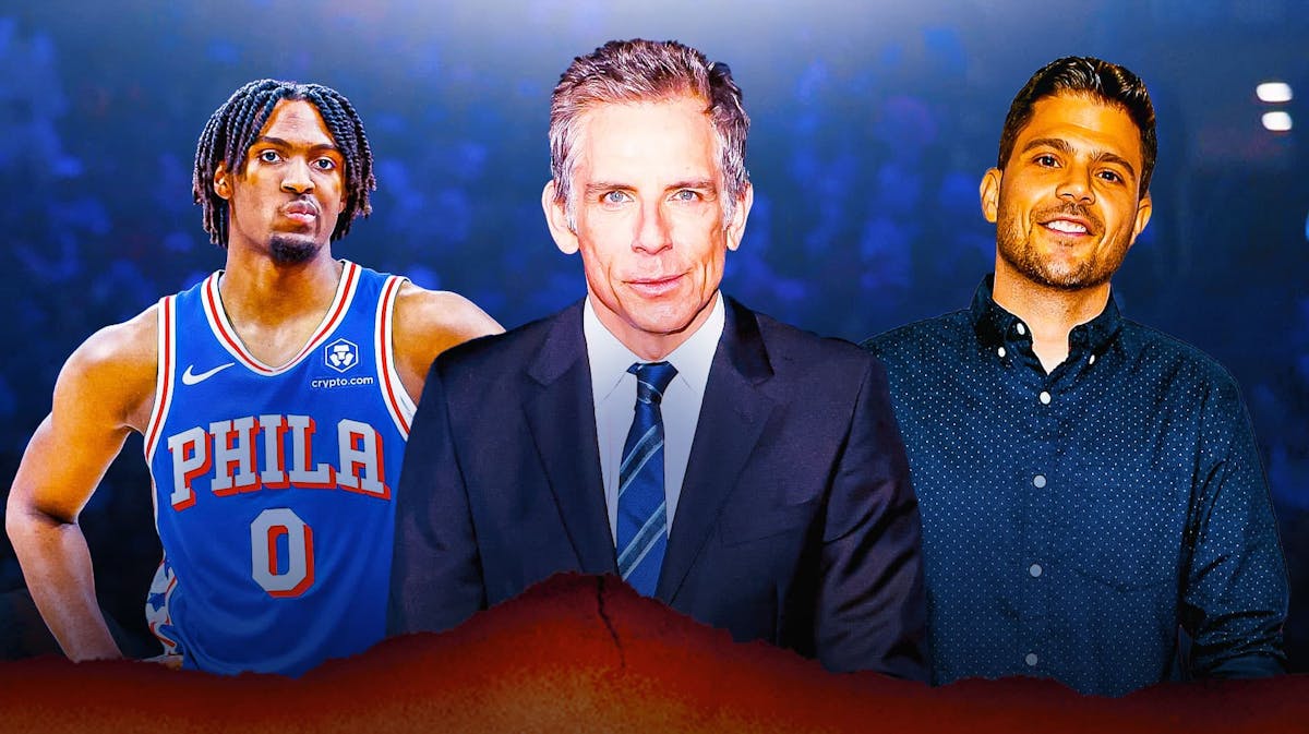 Knicks fans Jerry Ferrera and Ben Stiller with 76ers Tyrese Maxey