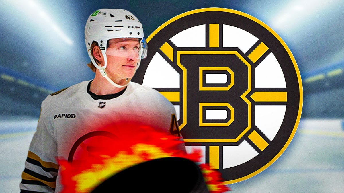Bruins' Danton Heinen looks at Maple Leafs players during Stanley Cup Playoffs