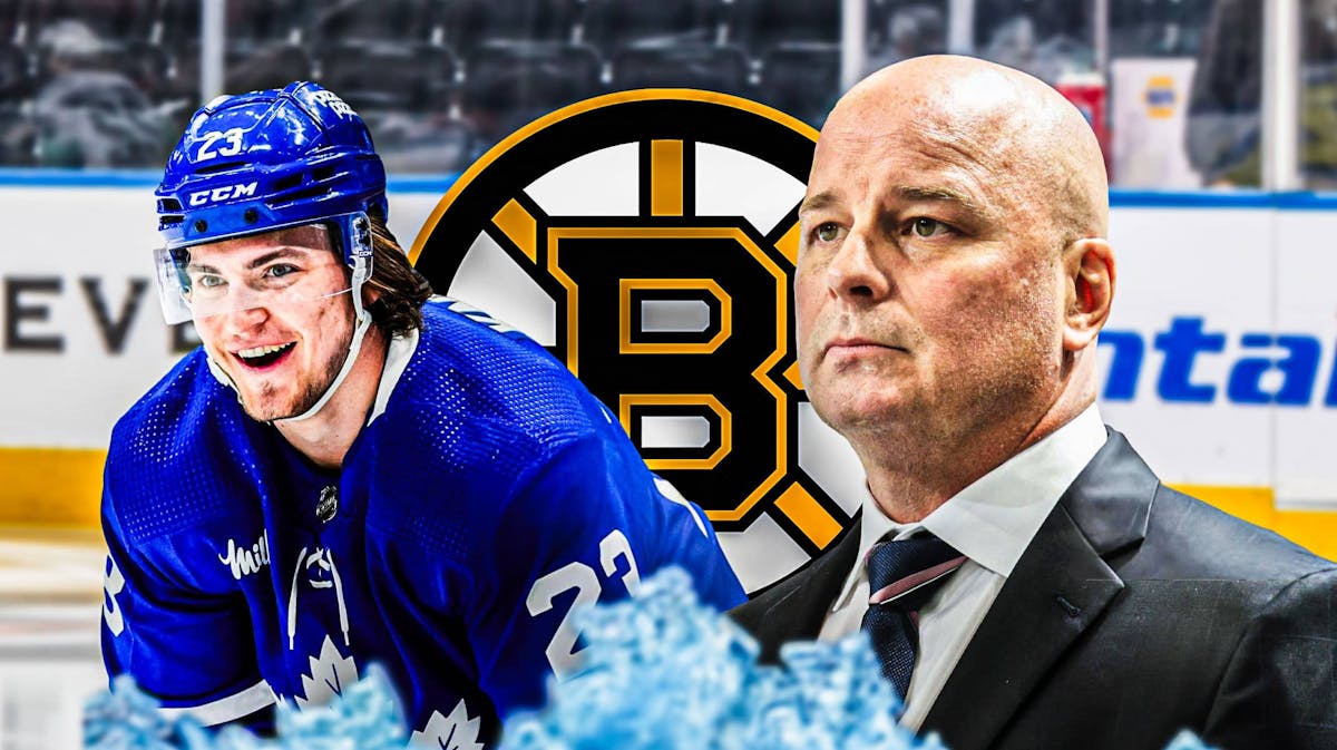 Jim Montgomery in middle of image looking upset, Matthew Knies in image looking happy, Boston Bruins logo, hockey rink in background
