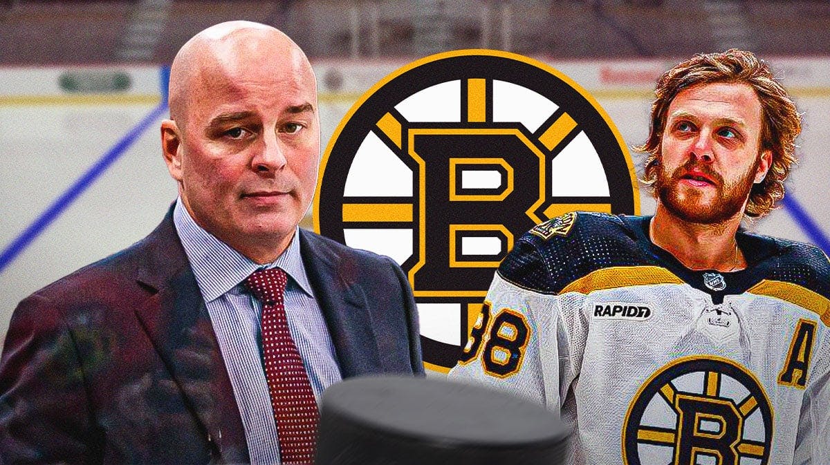 David Pastrnak in image looking stern, Jim Montgomery in image looking stern, Boston Bruins logo, hockey rink in background