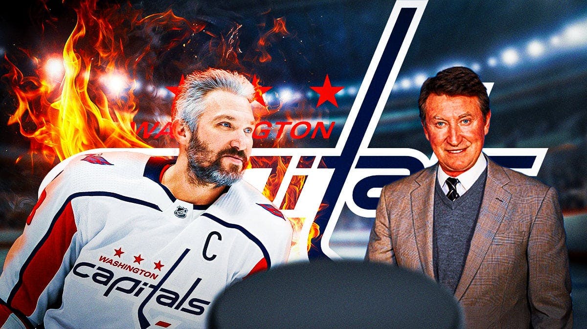 Alex Ovechkin in image looking happy with fire around him, Wayne Gretzky in image looking impressed, Washington Capitals logo, hockey rink in background