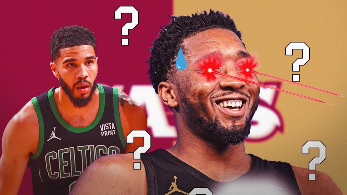 Cavs Donovan Mitchell with lasers in his eyes next to Celtics Jayson Tatum