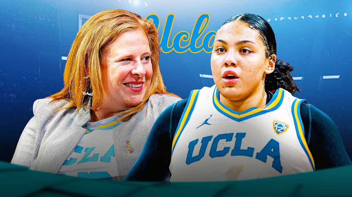 Timea Gardiner in a UCLA jersey alongside Cori Close with the UCLA arena in the background, transfer portal