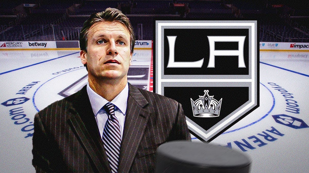 Jim Hiller in image looking stern, LA Kings logo, hockey rink in background