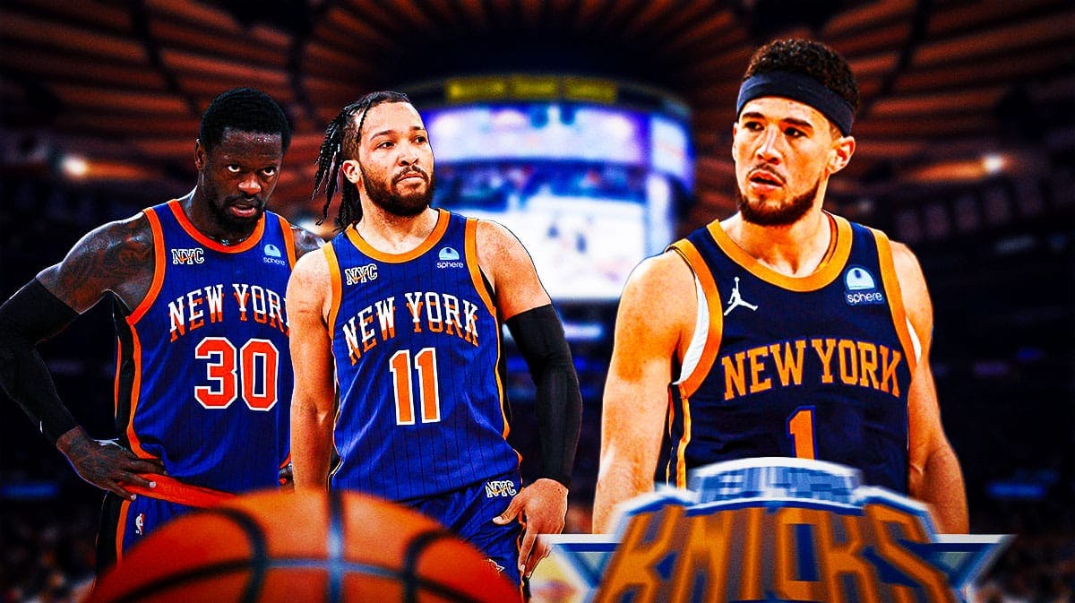 Devin Booker in a New York Knicks jersey with Jalen Brunson and Julius Randle appearing angry.