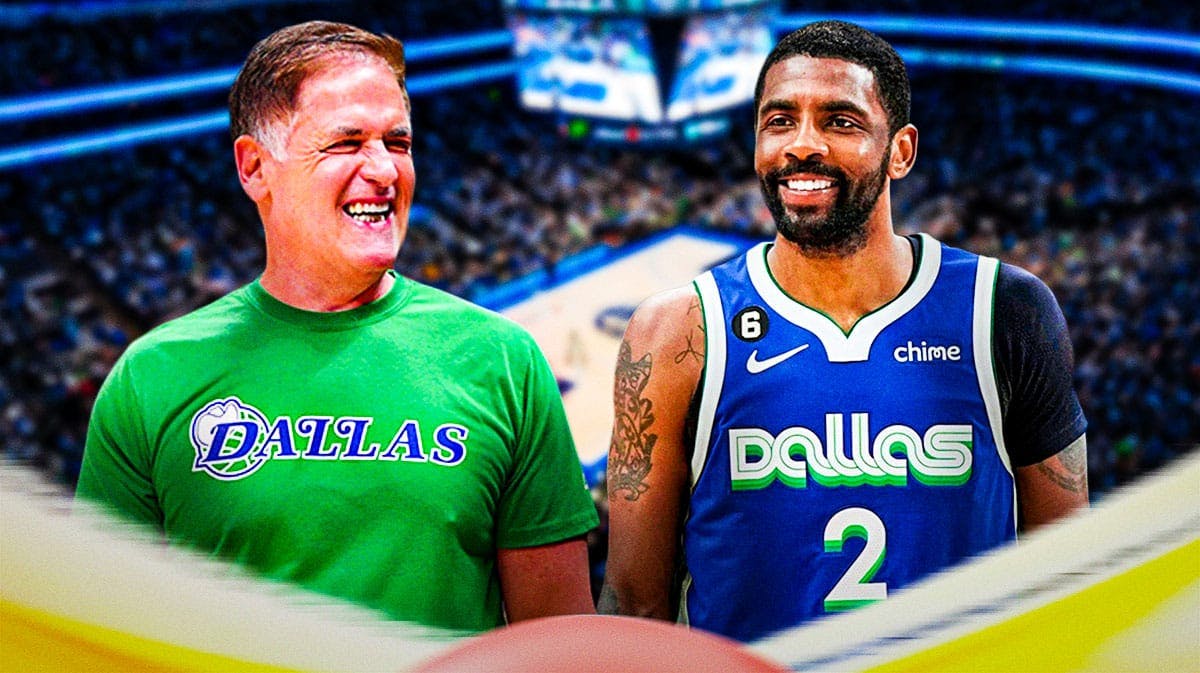 Mark Cuban and Kyrie Irving (Mavericks uniform) both smiling and standing next to each other. Have them inside of the American Airlines Center.