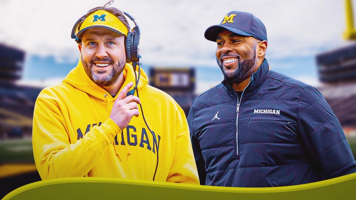 Michigan football, Wolverines, Kirk Campbell Michigan, Kirk Campbell, Sherrone Moore, Kirk Campbell and Sherrone Moore smiling with Michigan football stadium in the background