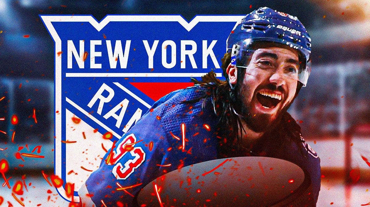 Mika Zibanejad in image with fire around him looking happy, New York Rangers logo, hockey rink in background