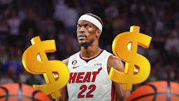 Miami Heat star Jimmy Butler in front of the Kaseya Center with money signs next to him.