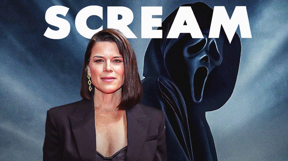 Scream logo and Ghostface with Neve Campbell.