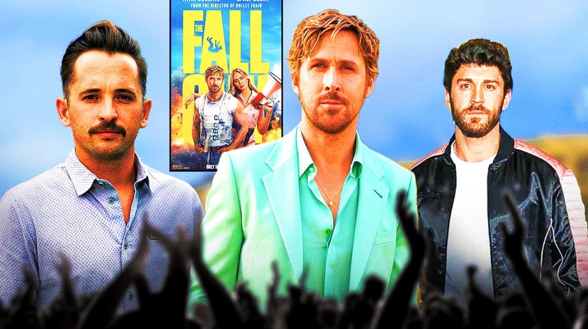 The Fall Guy poster, Ryan Gosling in between Logan Holladay and Ben Jenkin.