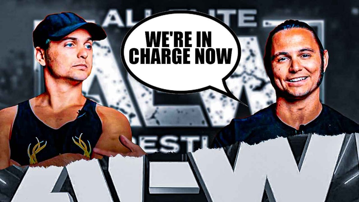 Nicholas and Matthew Jackson of the Young Bucks in street clothes and a shared text bubble reading "We're in charge now" with the AEW Dynamite logo in the background.