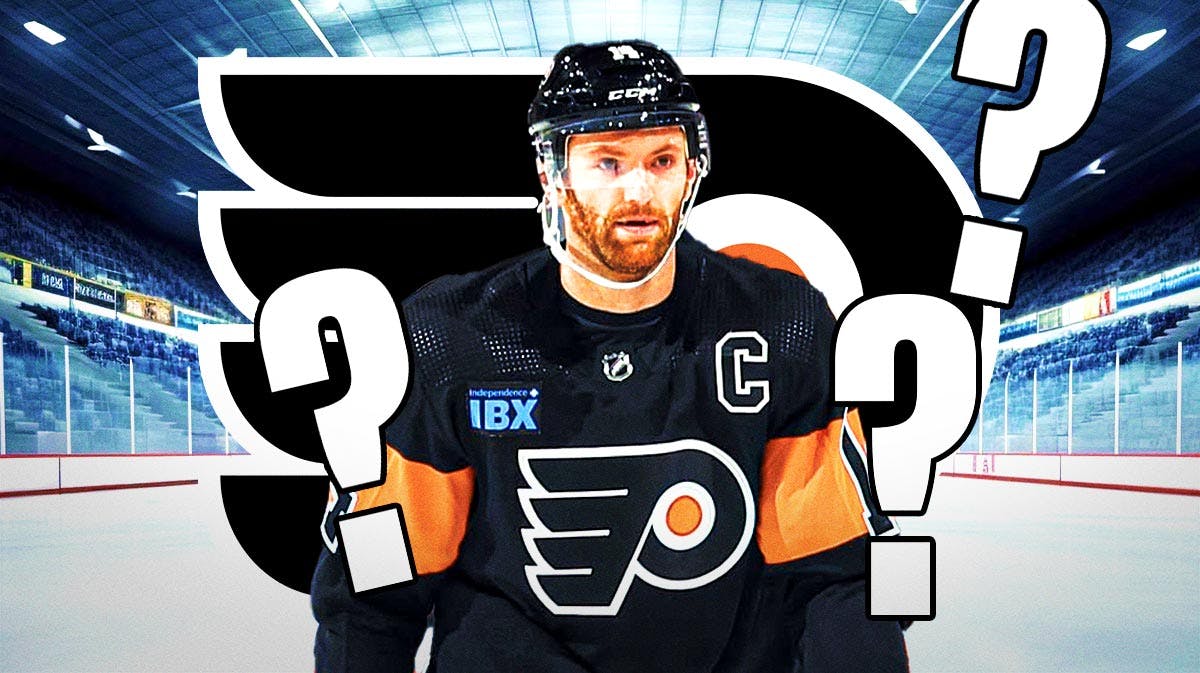 Sean Couturier in image looking stern, 3-5 question marks, Philadelphia Flyers logo, hockey rink in background