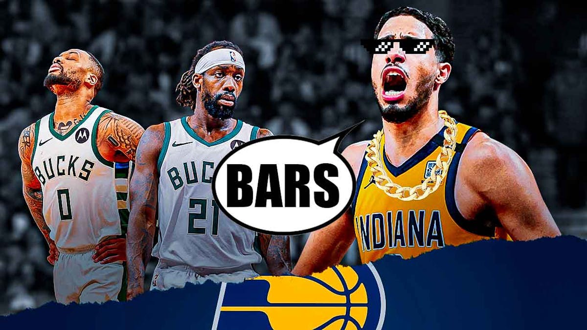 Pacers' Tyrese Haliburton wearing chains and wearing thug life shades, with speech bubble: "BARS", as he looks at Bucks' Patrick Beverley and Damian Lillard