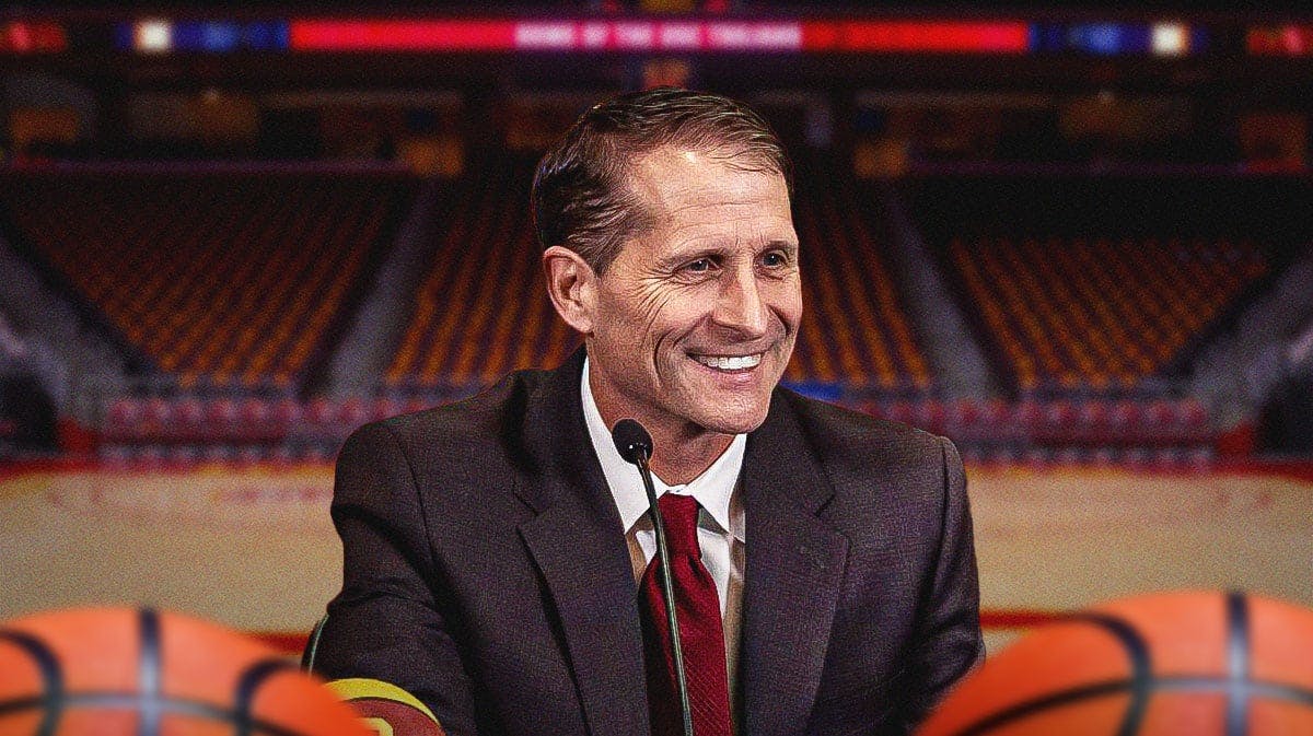 USC basketball, Trojans, Eric Musselman, Desmond Claude, USC basketball transfer portal, Eric Musselman with USC basketball arena in the background