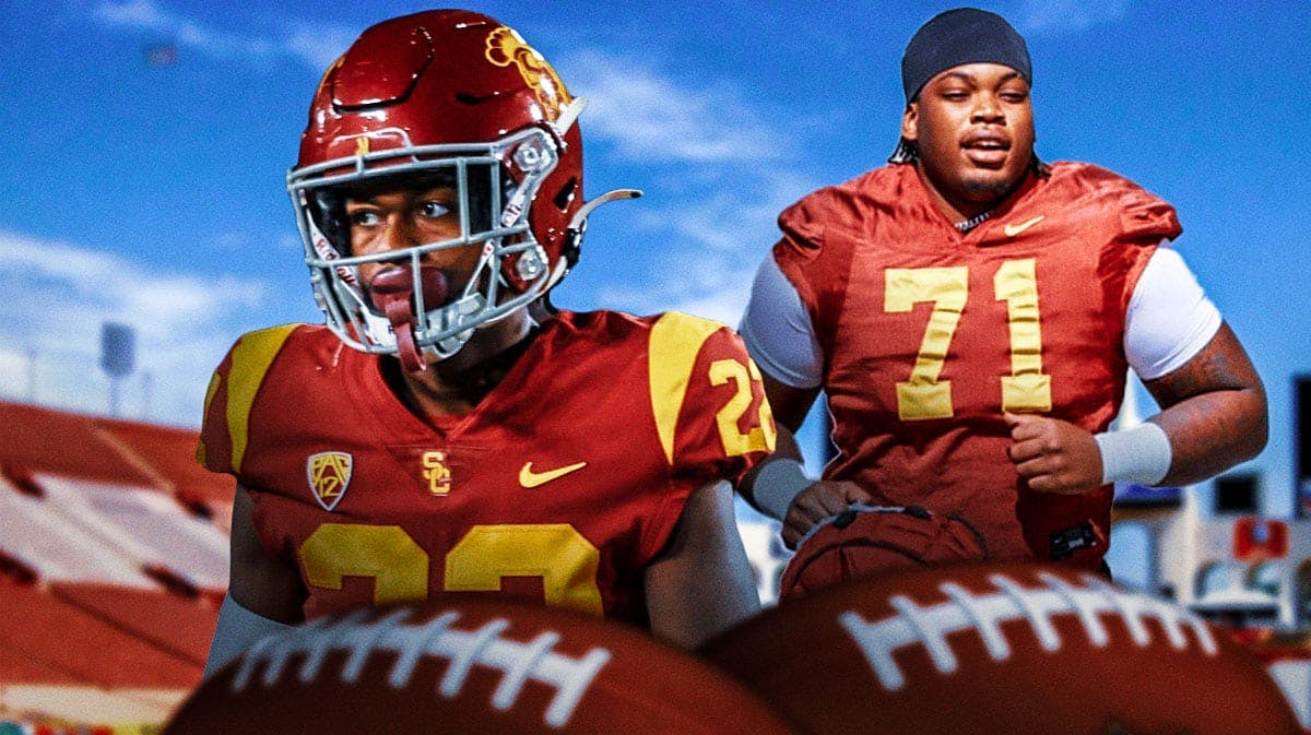 USC football, Trojans, Jason Zandamela, Lincoln Riley, USC football transfer portal, Jason Zandamela and Ceyair Wright in USC unis with USC football stadium in the background