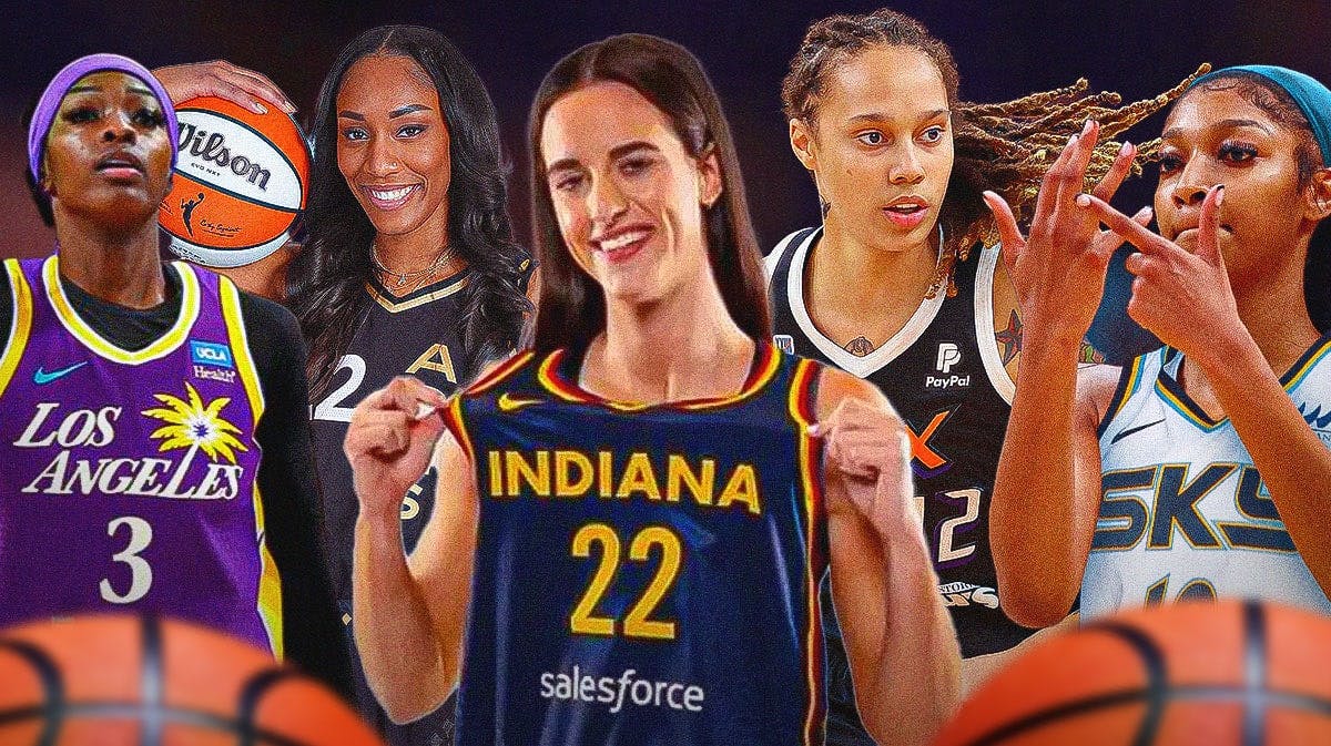 cut-outs of Phoenix Mercury player Brittney Griner, Indiana Fever Caitlin Clark, Chicago Sky player Angel Reese, Las Vegas Aces player A'ja Wilson and Los Angeles Sparks player Rickea Jackson, part of the WNBA Power Rankings