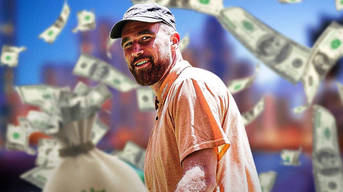 Travis Kelce with money flying all over