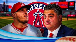 Mike Trout and Perry Minasian next to an Angels logo