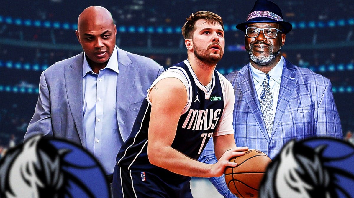 Mavericks' Luka Doncic in middle shooting a basketball. On left, need Charles Barkley (2024 image). On right, need Shaquille O'Neal (2024 image).