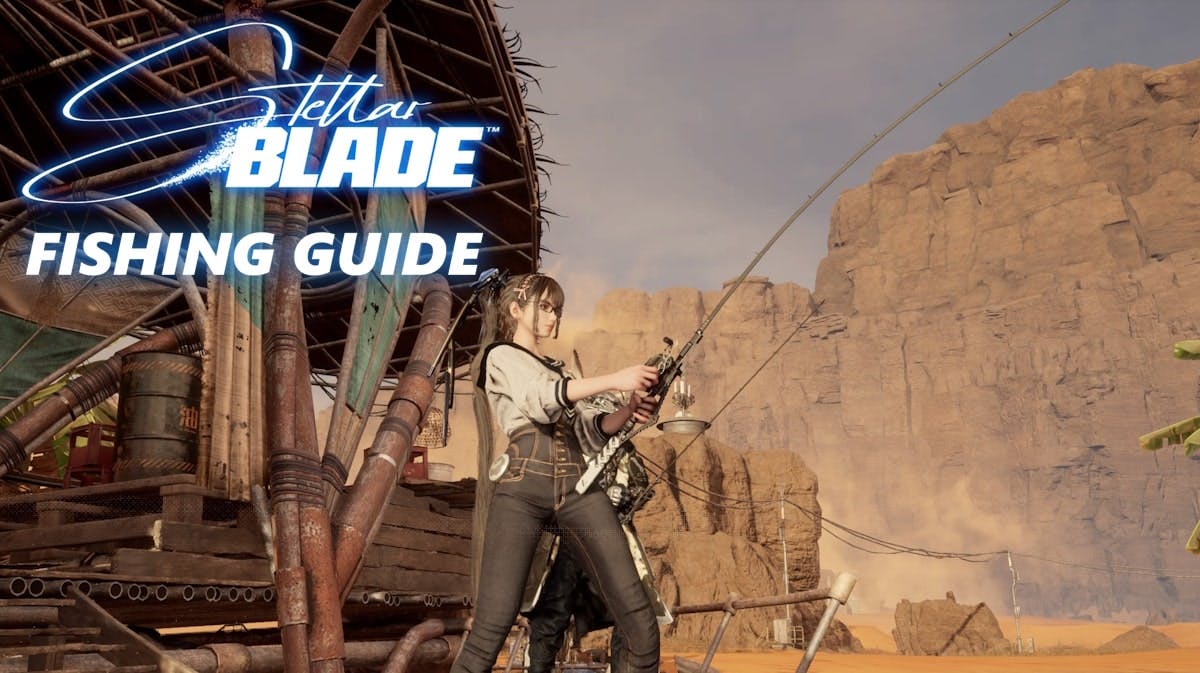 stellar blade fishing, stellar blade fishing guide, stellar blade fishing unlock, stellar blade fish, stellar blade, an ingame screenshot of eve fishing, with the game logo in one corner and the words fishing guide under it