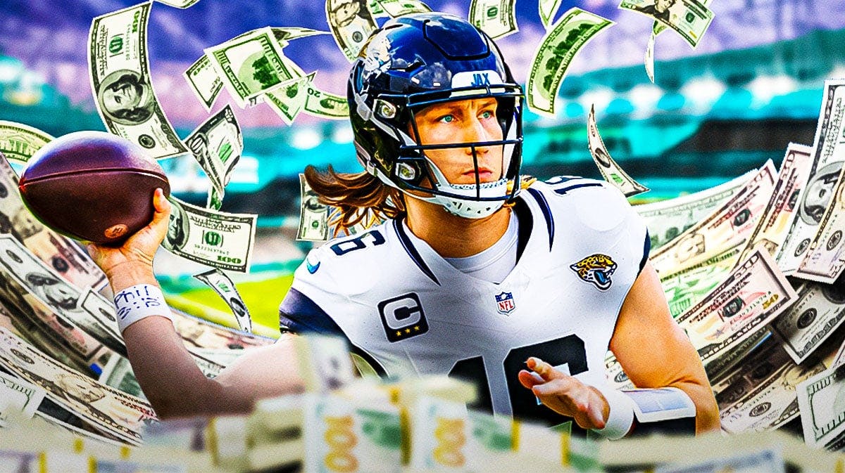 Trevor Lawrence surrounded by piles of cash.