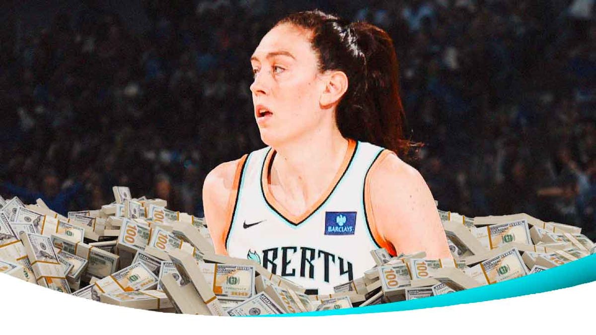 Breanna Stewart surrounded by piles of cash.