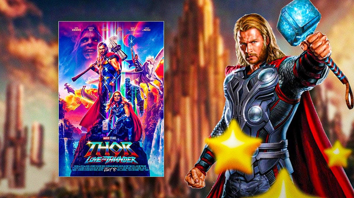 MCU Thor 4 (Love and Thunder) poster with Chris Hemsworth and Asgard background.