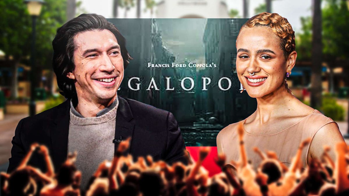 Adam Driver and Nathalie Emmanuel with Francis Ford Coppola's Megalopolis logo and New York City background.