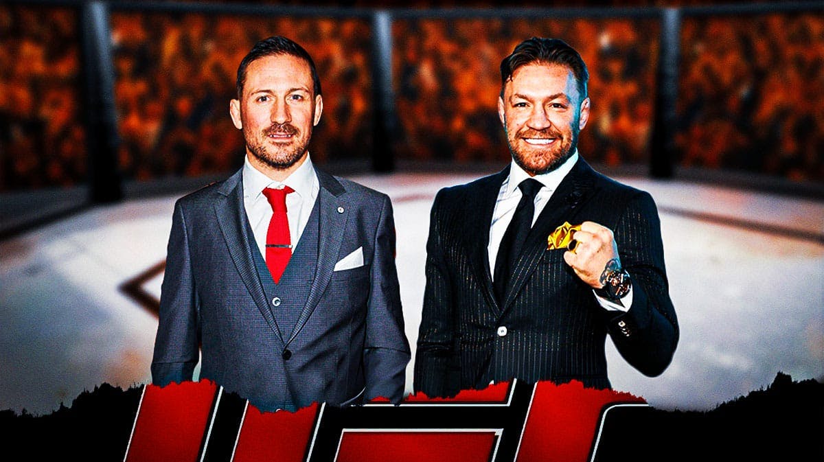 Conor McGregor in front of the UFc cage with John Kavanagh