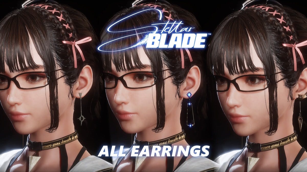 stellar blade earrings, stellar blade earrings unlock, stellar blade, stellar blade guide, a compilation of eve earrings from stellar blade with the game logo in the center and the words all outfits under it