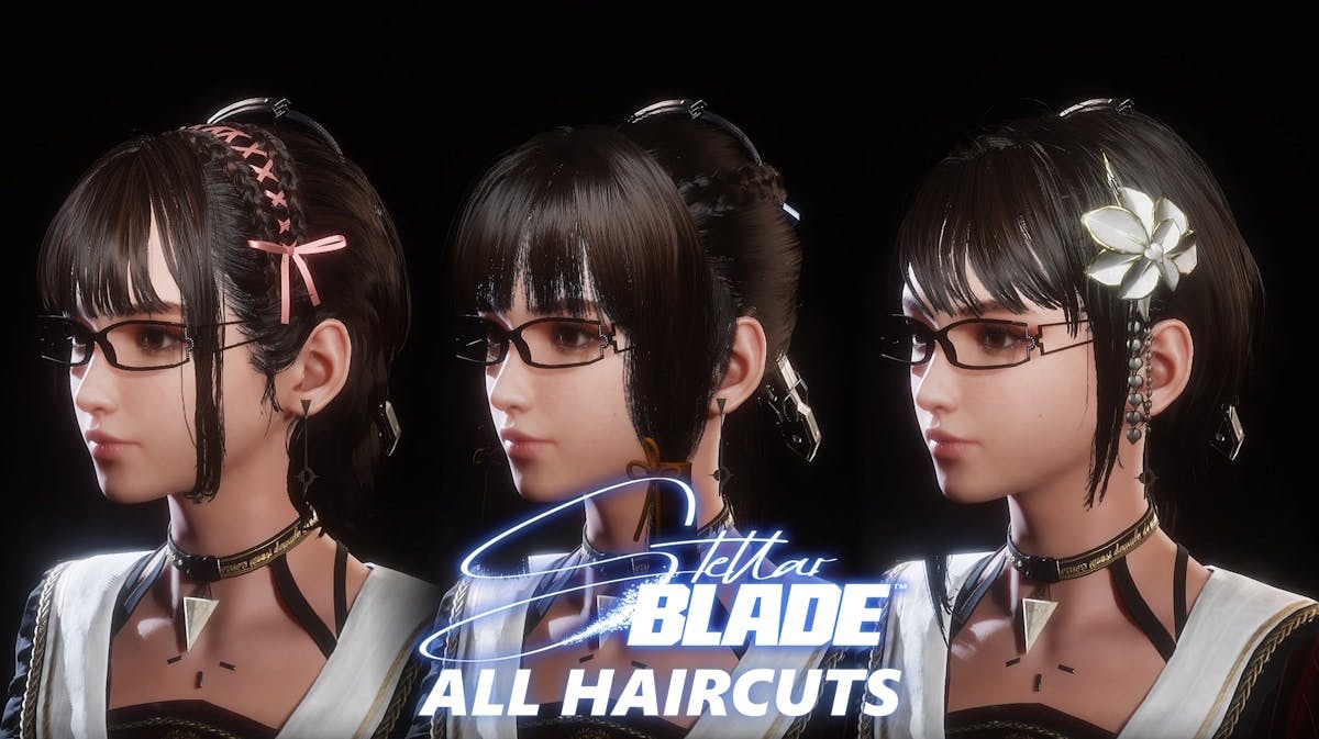 stellar blade hair, stellar blade hairstyle, stellar blade, stellar blade guide, a compilation of eve hairstyles from stellar blade with the game logo in the center and the words all haircuts under it