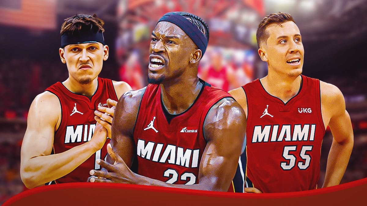 Miami Heat stars Jimmy Butler, Tyler Herro, and Duncan Robinson in front of the Kaseya Center.