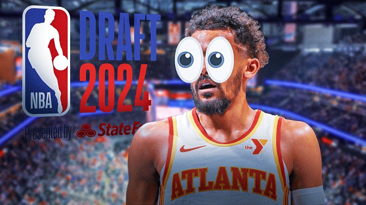 Trae Young with eyes popping out looking at the 2024 NBA Draft logo.