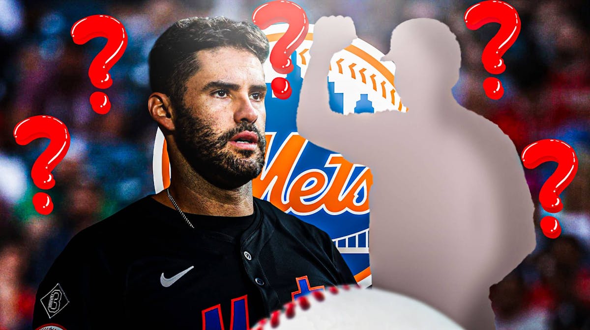 JD Martinez in middle looking stern, 1 silhouetted NY Mets player on each side, NY Mets logo, baseball field in background, 3-5 question marks