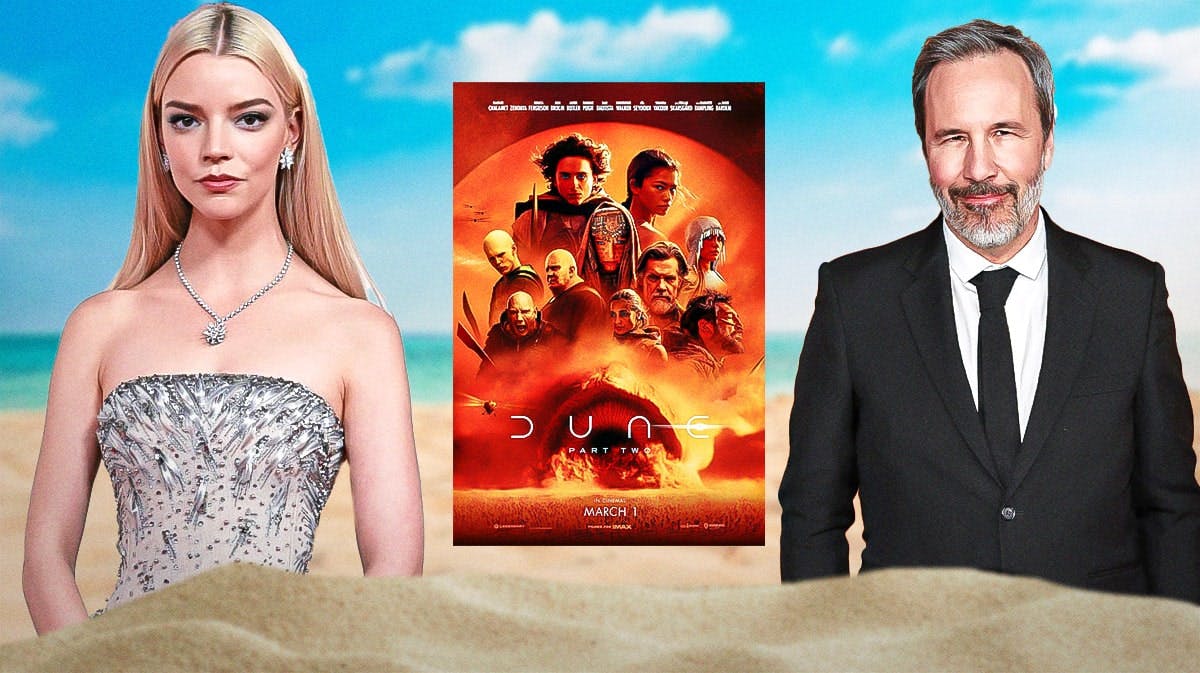 Anya Taylor-Joy and Denis Villeneuve with Dune 2 (Dune: Part Two) poster and sand background.