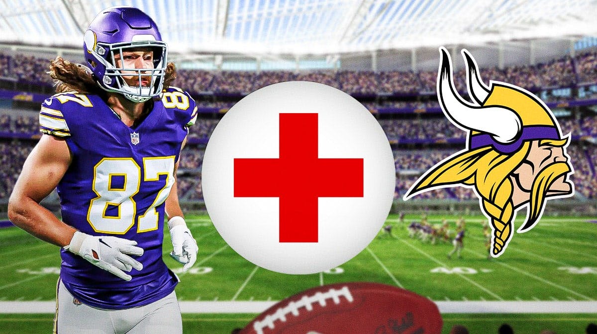Minnesota Vikings tight end T.J. Hockenson next to an injury symbol and a logo for the Minnesota Vikings.