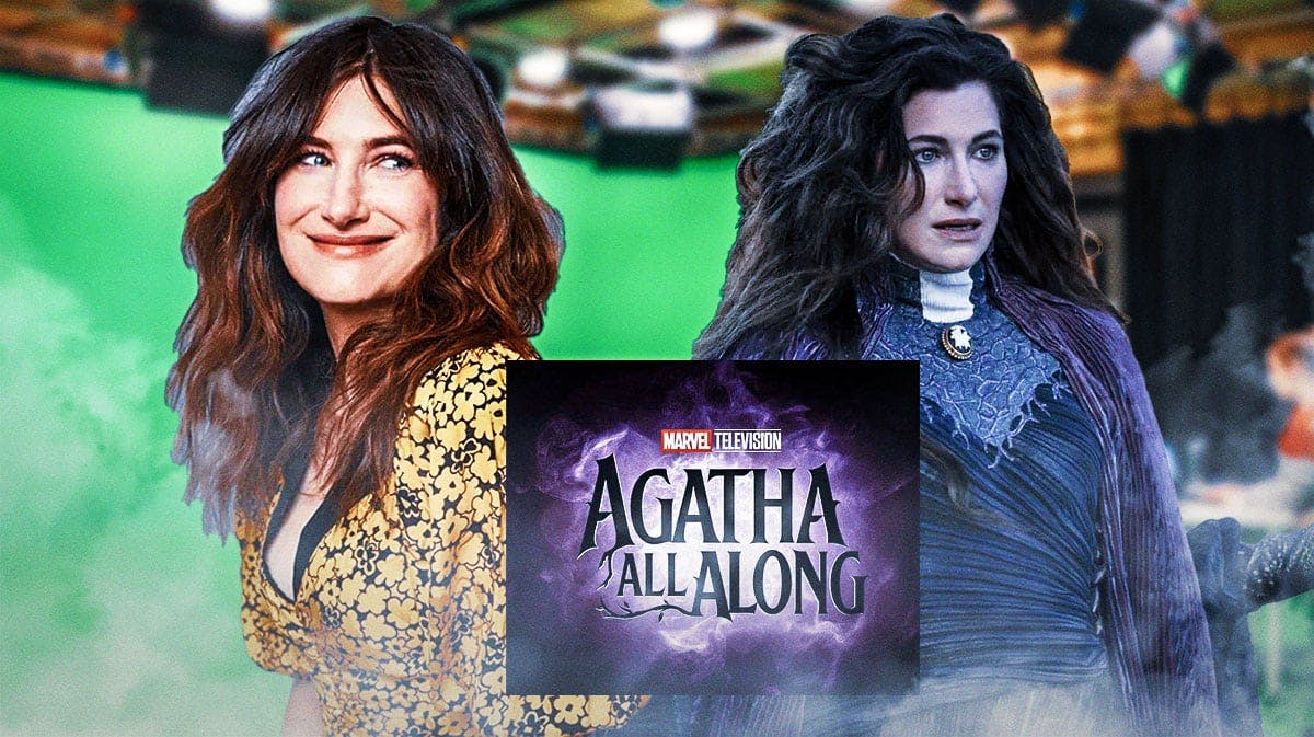 Kathryn Hahn next to Agatha with MCU Agatha All Along series logo and CGI green screen background.