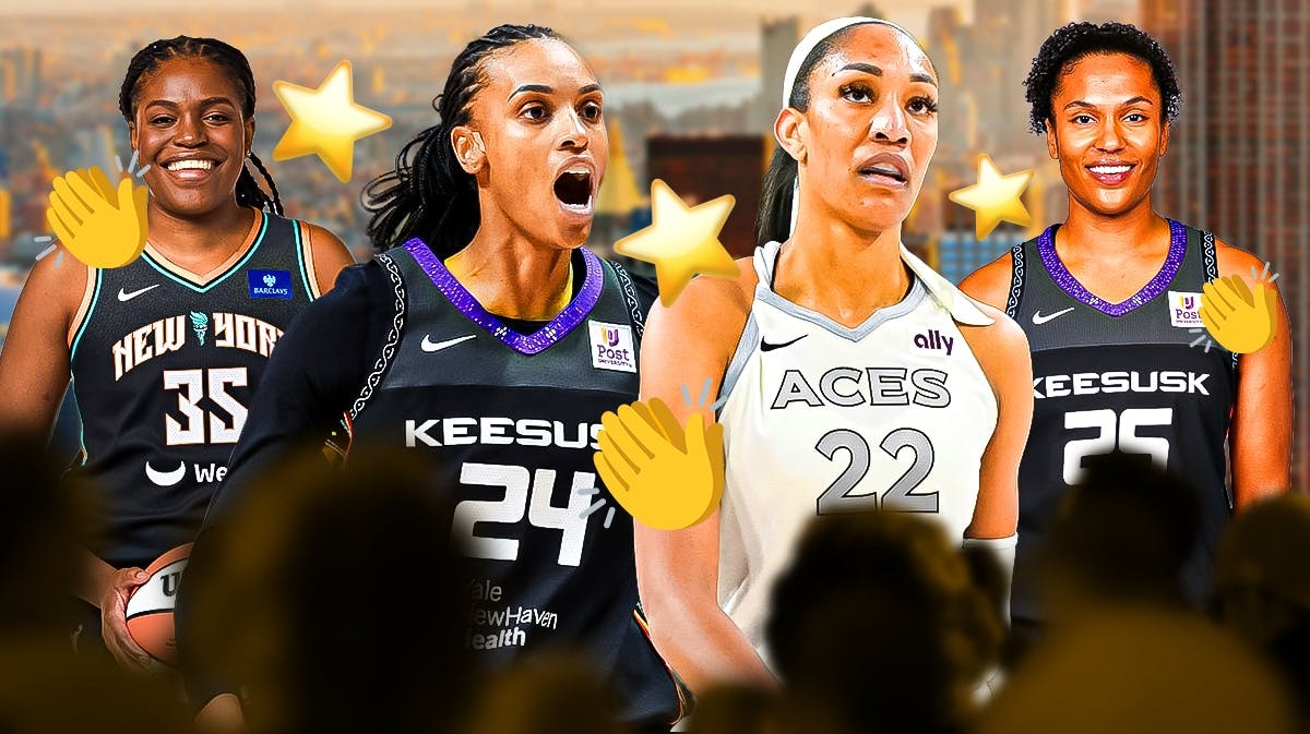 Las Vegas Aces player A'ja Wilson, Connecticut Sun player DeWanna Bonner, New York Liberty player Jonquel Jones and Connecticut Sun player Alyssa Thomas, stars and the clapping hands emoji surrounding the players