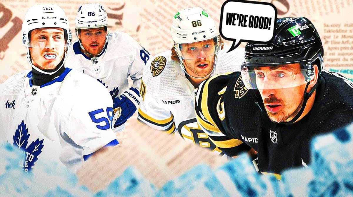 A newspaper as the background, Brad Marchand and David Pastrnak on one side with a speech bubble that says "We're good!", William Nylander and Tyler Bertuzzi on the other side