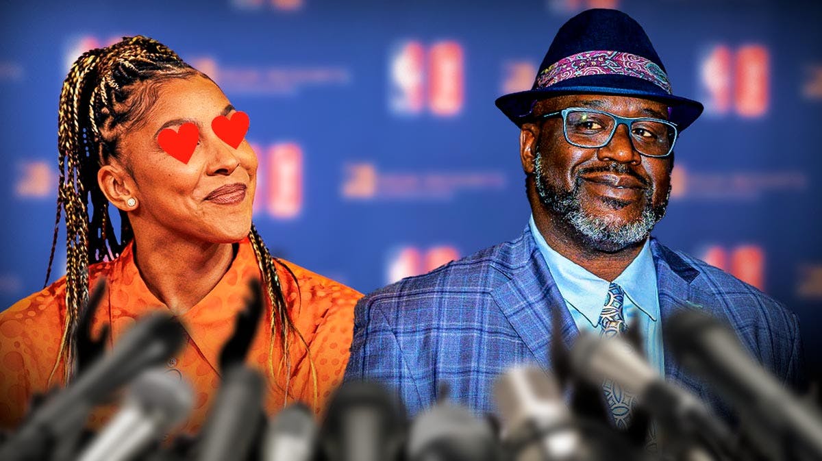 Candace Parker in street clothes with heart eyes looking at Shaquille O'Neal