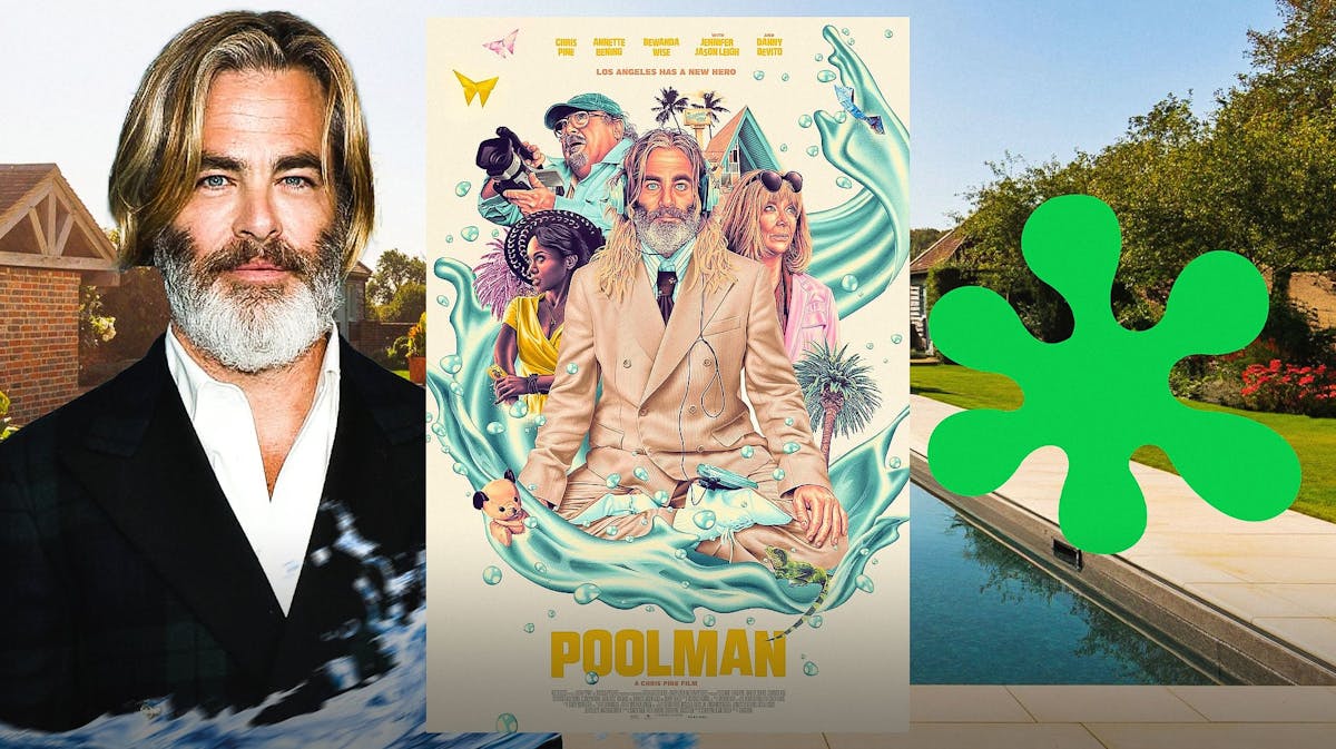 Chris Pine with Poolman poster and Rotten Tomatoes negative reviews logo and pool background.