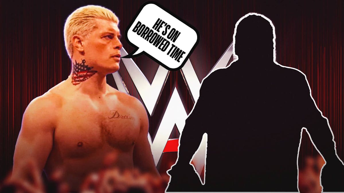 Cody Rhodes with a text bubble reading "He’s on borrowed time" next to the blacked-out silhouette of R-Truth with the WWE logo as the background.