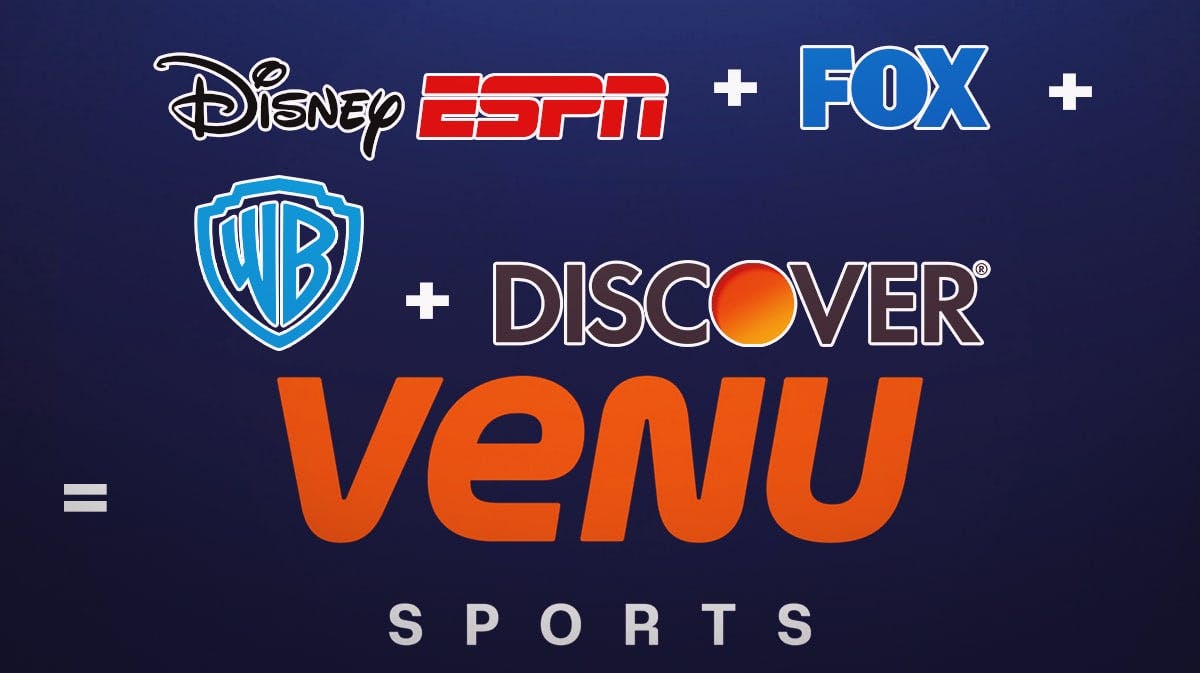 Disney and ESPN logo, plus sign, Fox Corp. logo, plus sign, Warner Bros. Discover logo, equal sign, Venu Sports logo