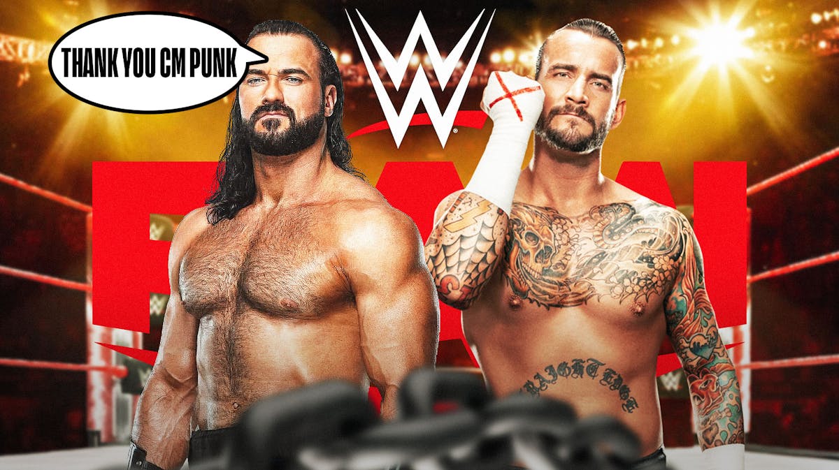 Drew McIntyre with a text bubble reading "Thank you CM Punk" next to CM Punk with the RAW logo as the background.