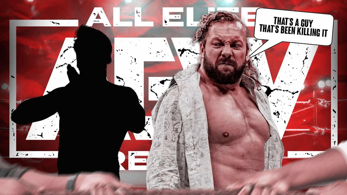 Kenny Omega with a text bubble reading "That’s a guy that’s been killing it" next to the blacked-out silhouette of "Speedball" Mike Bailey with the AEW logo as the background.